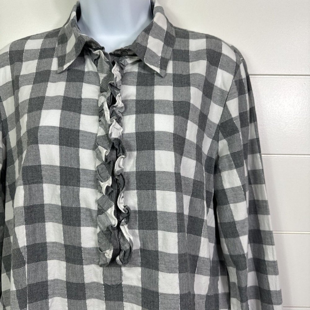 Talbots Checked Pattern Ruffle Button Front Shirt Gray White sz 14 - Picture 3 of 7